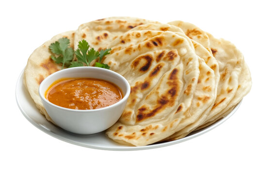 Malaysian roti canai with curry dipping sauce isolated on transparent white background