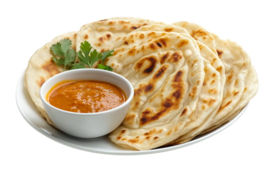Malaysian roti canai with curry dipping sauce isolated on transparent white background