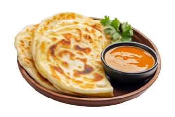 Malaysian roti canai with curry dipping sauce isolated on transparent white background