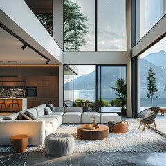 Modern interior design of luxury house with the view of lake and mountain