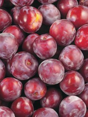 Obraz premium Fresh red plums stacked together at a farmer's market showcasing seasonal produce during late summer