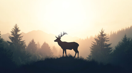 Silhouette of majestic deer against misty forest sunrise