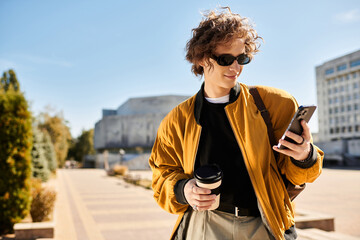 Stylish young man enjoying a sunny day while checking his phone at the city plaza