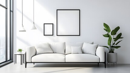 Modern Minimalist Living Room Featuring Sleek White Sofa and Elegant Green Plant in Bright Natural Light