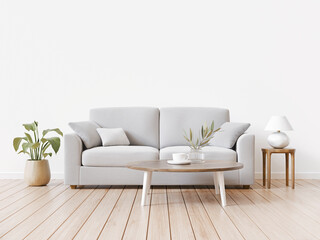 Neutral and natural styled living room interior with gray couch, cushions, wooden furniture and empty wall background. 3d rendering.