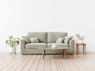 Neutral living room Interior in organic modern style with sage green sofa, pillows and wooden furnishing on empty white wall background with free space. 3d rendering.