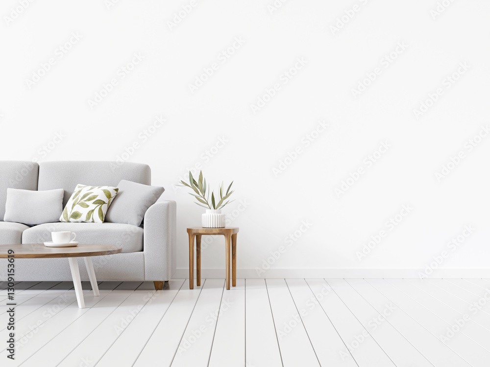 Poster white living room interior background with neutral and minimal furnishing. gray sofa and empty wall 
