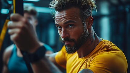Man with beard and fitness instructor guiding client in trx suspension training session
