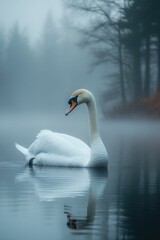 Obraz premium Serene swan floats misty lake water.