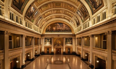 Obraz premium Grand hall with ornate architecture and classical artwork.