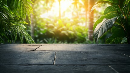 Dark Grey Stone Table in Lush Tropical Jungle Setting with Sunlight