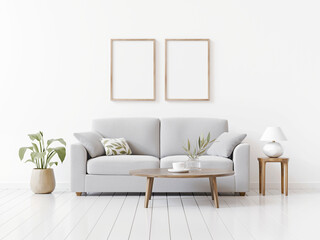 Fototapeta premium Vertical diptych poster template in neutral white living room with gray sofa, pillows and green plants. Simple furnished interior background in organic modern style. 3d rendering.