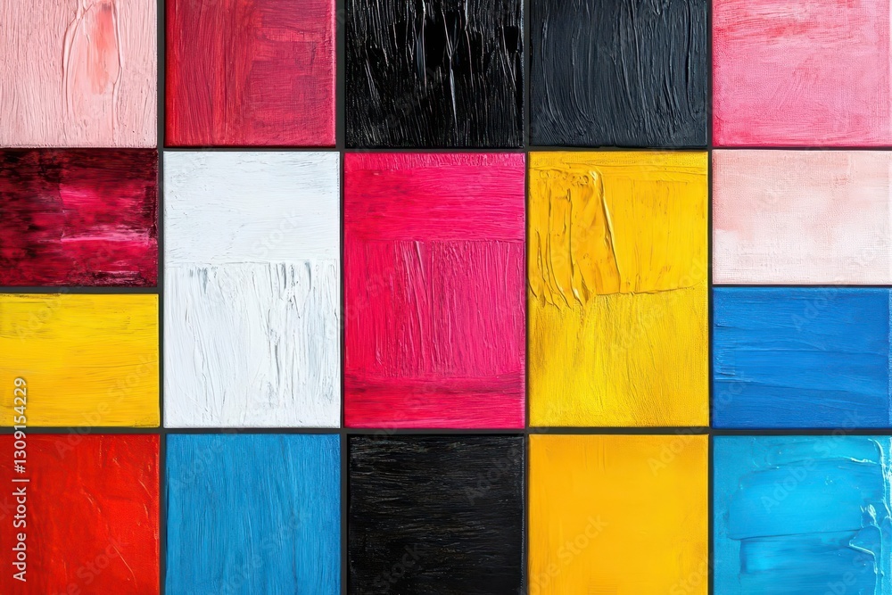 Poster a grid of 16 different abstract art pieces, each featuring a unique color scheme and style The artworks are arranged in a 4x4 grid, showcasing a diverse range