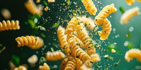 Naklejka premium Floating fusilli with roasted garlic and herbs splashes on a deep forest green background