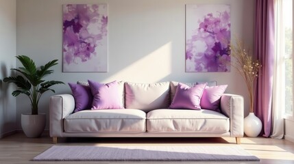 Serene living room interior design featuring a light beige sofa with lavender throw pillows, complemented by abstract purple wall art and a tranquil atmosphere