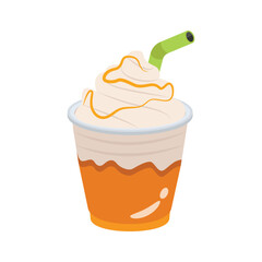 Colorful illustration of a caramel flavored iced beverage in a disposable cup.