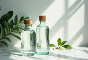 Two glass water bottles with bamboo lids on a marble surface with natural light and greenery