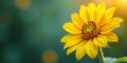 Obraz premium A vibrant yellow flower blossoms in soft sunlight, petals unfurling against a blurred green backdrop, showcasing the beauty of nature's artistry.
