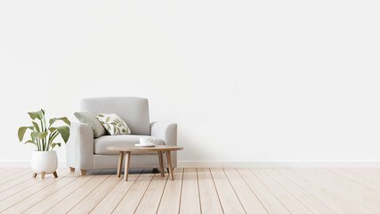 Minimal and neutral interior background with gray armchair and plant standing on wooden floor. Empty white wall with free space. Furnished living room in modern organic style. 3d rendering.