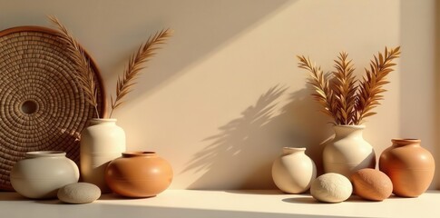 Fototapeta premium Serene Minimalist Home Decor Still Life Featuring Earthy Tones and Natural Elements