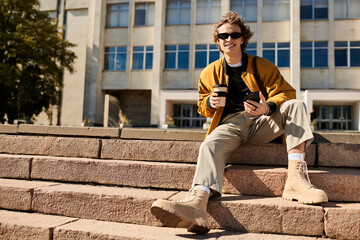 Obraz premium Stylish young man enjoying coffee on steps while relaxing under warm sunlight in campus setting
