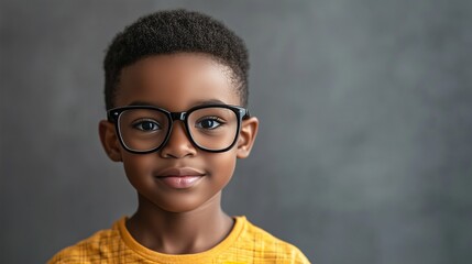 Young african boy wearing glasses. Portrait of african american in a shabby black dress. A boy in glasses isolated on a transparent background. A young african child with glasses lifestyle.