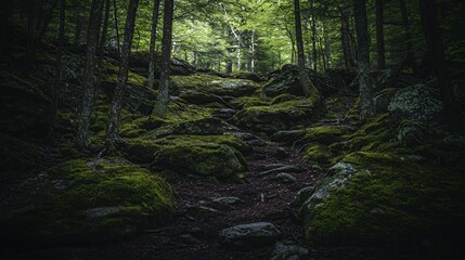 Dark Lush Forest Path with Mossy Rocks