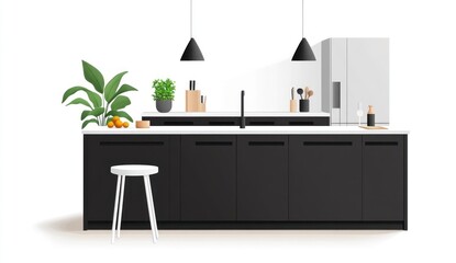 Modern kitchen interior design with plants and food, minimalist style