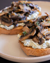 delicious mushroom toast with herb cream cheese, mushrooms, and caramelized onions on a white modern plate close-up