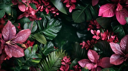 Dark Lush Tropical Foliage Frame With Red And Green Leaves