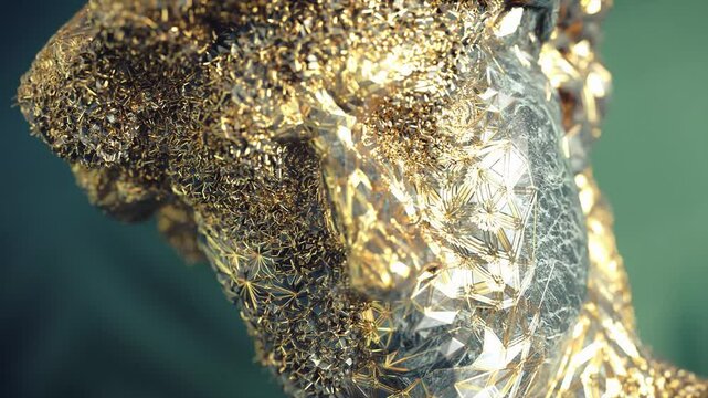 Close-up animation of an abstract marble sculpture with shiny silver and gold accents set against a green background