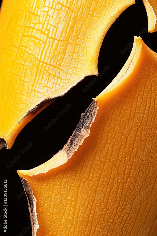 Poster a close-up of a vibrant yellow surface with intricate cracks, showcasing a unique texture and organi