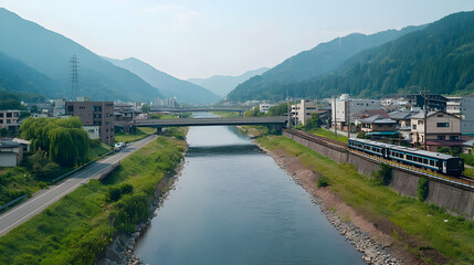 Fototapeta premium Scenic Train Crossing River Through Valley Surrounded By Lush Green Mountains and Residential Area