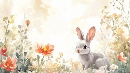 Obraz premium Gray Bunny in a Watercolor Flower Garden
