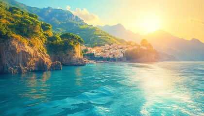 Obraz premium Picturesque Amalfi Coast town seen from a ferry