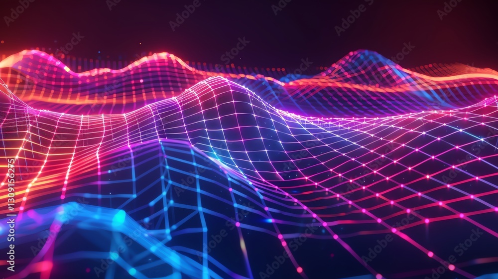Poster abstract 3d rendering of a neon grid with glowing lines.