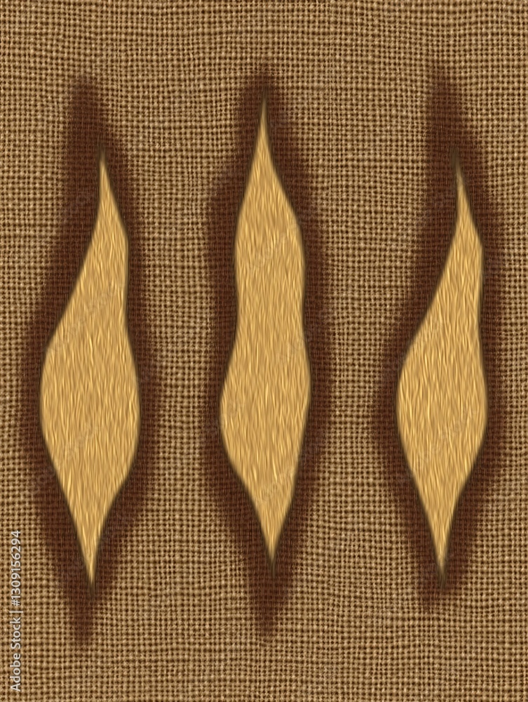 Poster abstract arrangement of textured golden forms on burlap surface close-up