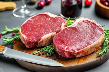 Fototapeta premium A photo of two large steaks cut in half
