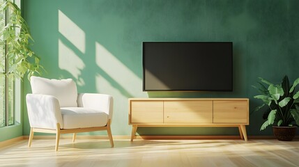 Bright and Airy Minimalist Scandinavian Living Room with Green Wall, TV, and Cozy Furniture Arrangement