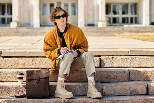 Stylish young man sits on stairs, jotting down thoughts while enjoying a sunny day outdoors - Powered by Adobe