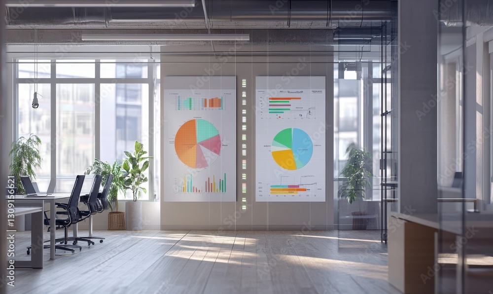 Poster interactive floating pie charts in a modern office environment showcasing data visualization techniq