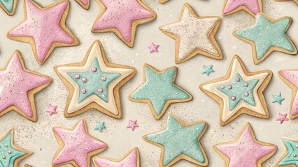 Adorable Digital Art  of Cute Desserts. Colorful star-shaped cookies decorated with icing and sprinkles on a light background. seamless background.