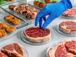 Obraz premium A scientists hands in blue gloves carefully place the meat inside circular Petri dishes