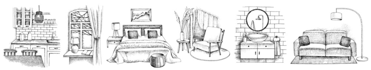 6 hand drawn vector interior scenes