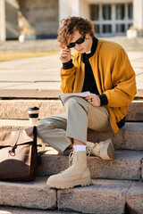 Young stylish man reflects while seated on steps at university campus sipping coffee in autumn