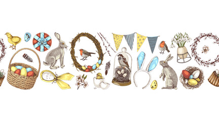 Easter holiday seamless border with hand drawn elements