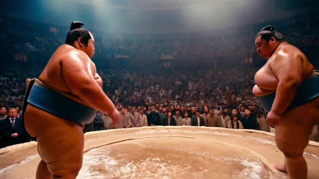 Two big sumo players were in the arena competing