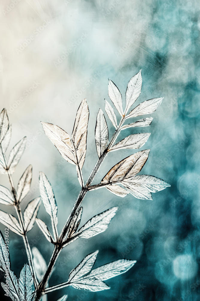 Poster exploring delicate leaves: a captivating abstract representation in soft blue tones and fluid textur