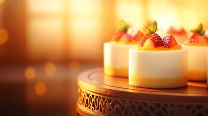 Delicious mini cheesecakes topped with fresh strawberries and mango, elegantly displayed on a wooden table in a warm, inviting setting with soft lighting