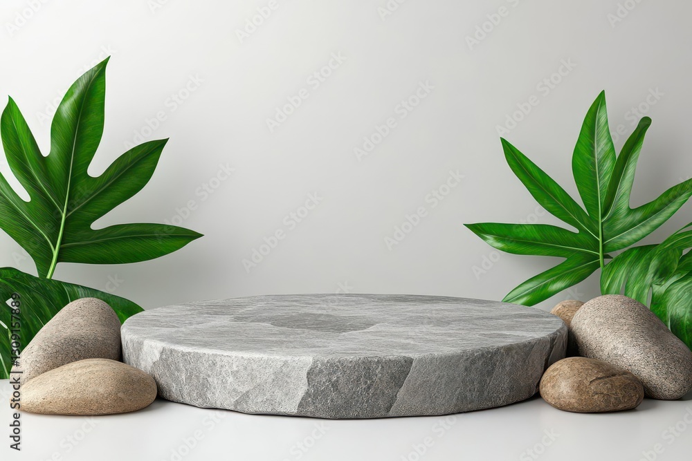 Poster A stone podium with rocks and natural elements for product presentation on a white background, 3D rendering